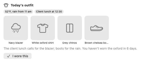 Today's outfit in Homeling: a navy blazer, white oxford shirt, grey chinos and brown boots, picked for 52 degrees with rain and a client lunch.