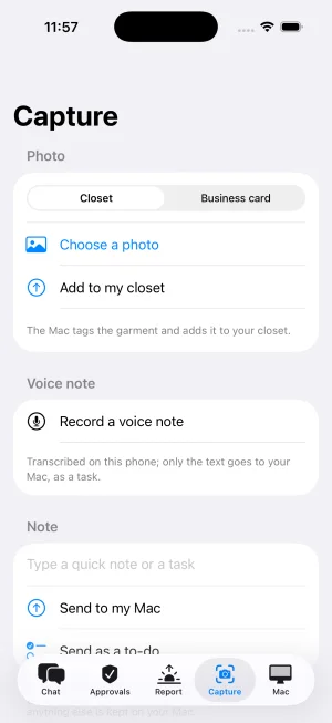 Homeling on iPhone: the Capture tab, for adding a photo to your closet, recording a voice note or sending a note to your Mac.