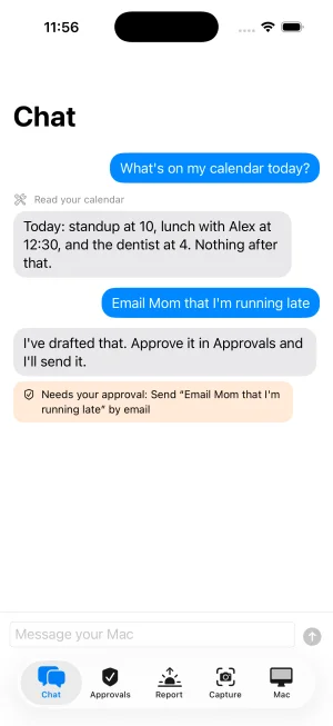 Homeling on iPhone: a chat that lists today's calendar and an email to Mom waiting for approval.