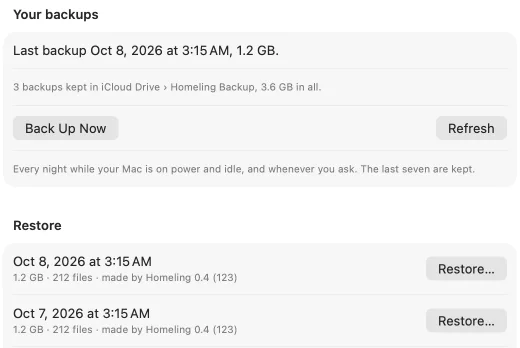 Homeling's Backup settings: the last backup, three backups kept in iCloud Drive, and a Back Up Now button.