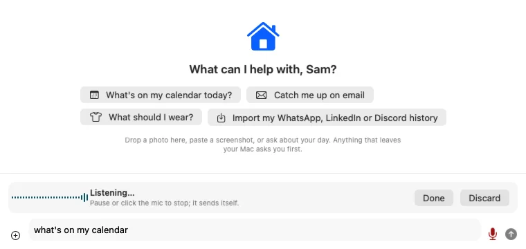 Homeling listening, with the words “what's on my calendar” in the message box.